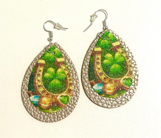 St. Patrick’s Day Lucky Clover Faux Leather Glitter Earrings