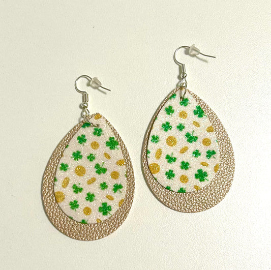 St. Patrick’s Day Clover and Gold Faux Leather Glitter Earrings