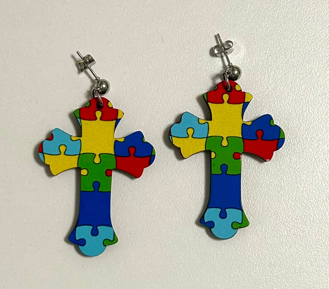 Autism puzzle cross earrings